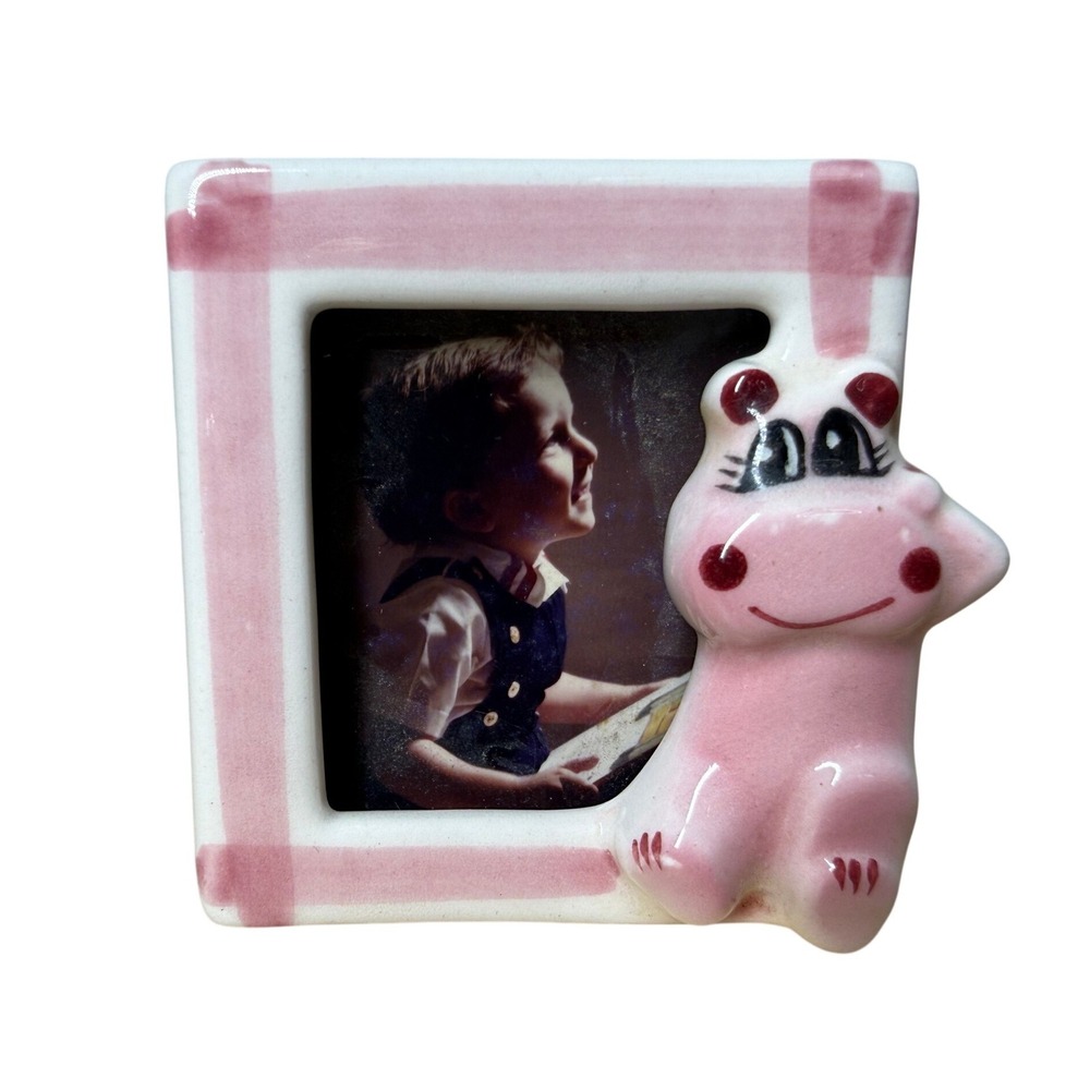 Vintage Ceramic Mini Picture Frame Pink Hippo Kitch Nursery Decor 2.75" 70s